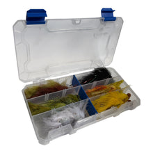 Load image into Gallery viewer, A clear plastic fly fishing tackle box with blue latches and internal compartments holding various colorful fishing flies in yellow, green, black, white, and brown, shown on a white background.