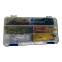 Load image into Gallery viewer, A clear plastic organized fly fishing tackle box with multiple compartments containing various artificial lures in green, yellow, orange, white, and black colors, shown on a white background.
