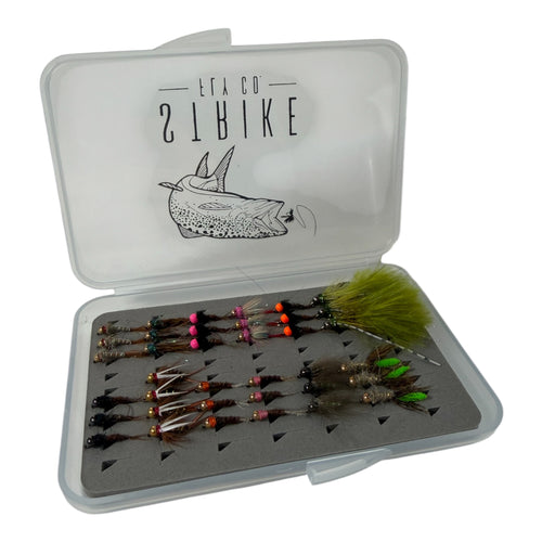Fishing fly box with flies and visible brand logo on a white background