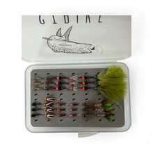 Load image into Gallery viewer, Fishing fly assortment in a clear case with a branded lid on a white background
