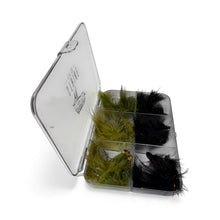 Load image into Gallery viewer, Clear fly fishing lure box with green and black lures on a white background
