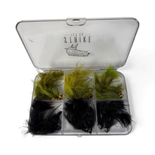 Load image into Gallery viewer, Clear fishing fly box with green and black flies on a white background

